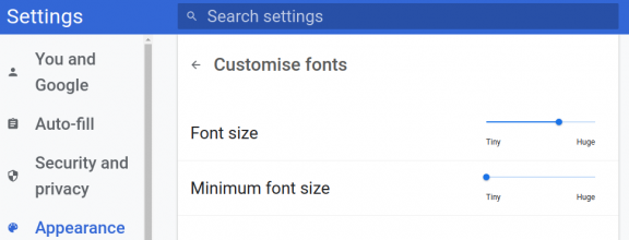 Chrome appearance settings, showing Font size slider