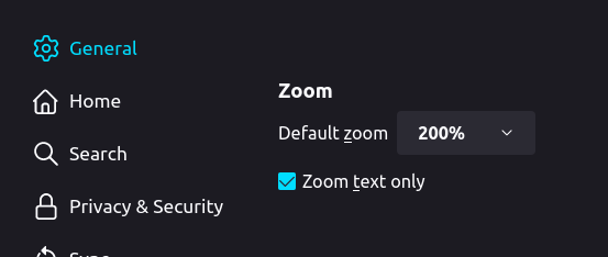 Firefox general settings, with zoom text only checkbox checked