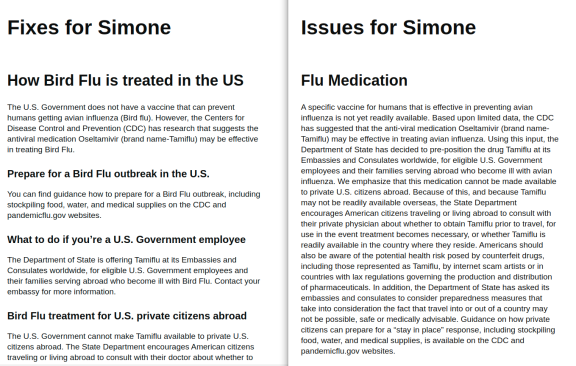 Screenshots of two pages giving the same information, one using headings to split up the content
