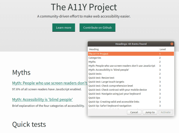 A screenshot of the list of headings generated by a screenreader, overlaid on the page. Headings described in the text