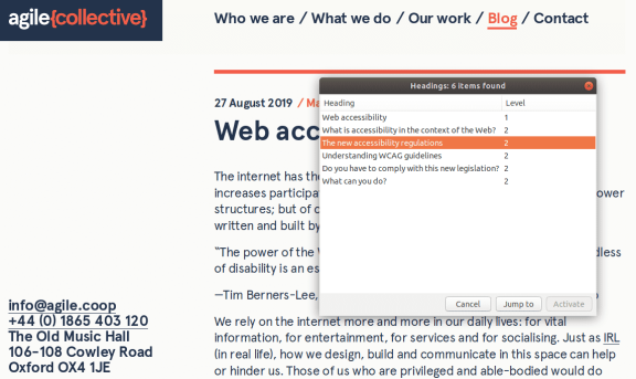 Screenshot of the list of headings generated by a screen reader